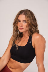 Core Seamless Bikini Top Black — Cross-Back Support, Fast-Dry